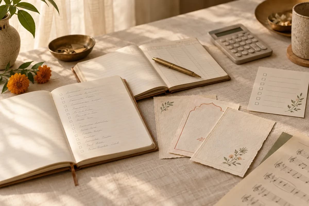 Wedding planning stationery with a guest list, budget notebook and event cards on a warm cream surface